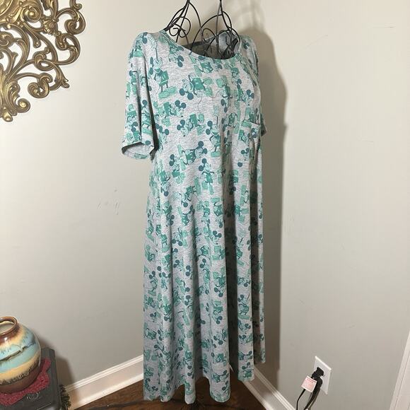 LuLaRoe Disney Carly Dress M Gray Green Mickey Mouse Print Hi-Low Hem - Picture 11 of 14